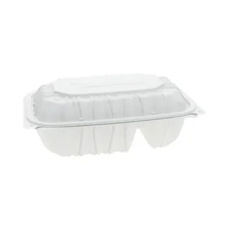 Pactiv Evergreen EarthChoice Vented Microwavable MFPP Hinged Lid Container, 2 Compartments, 9 x 6 x 3.1, White, Plastic, 170/Carton