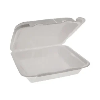 Pactiv Evergreen Foam Hinged Lid Container, Dual Tab Lock Happy Face, 8 x 7.75 x 2.25, White