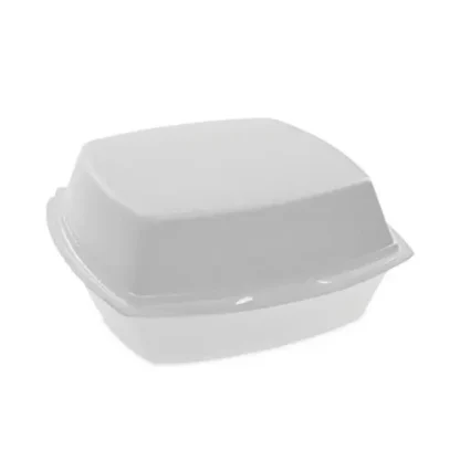 Pactiv Evergreen Foam Hinged Lid Container, Single Tab Lock, 6.38 x 6.38 x 3, White
