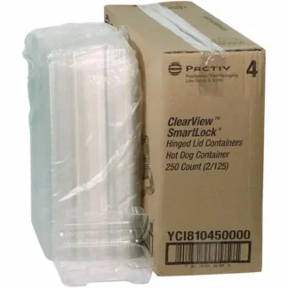 Pactiv Evergreen Hinged Lid Hot Dog Container, Clear, Plastic, 6.5" x 2.25" x 2.75", 250/Carton
