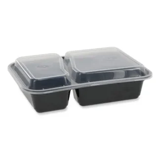 Pactiv Evergreen Newspring VERSAtainer Microwavable Containers, Rectangular, 2 Compartments, 30 oz, Black/Clear, Plastic, 150/Carton