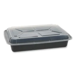 Pactiv Evergreen Newspring VERSAtainer Microwavable Containers, Rectangular, 58 oz, Black/Clear, Plastic, 150/Carton