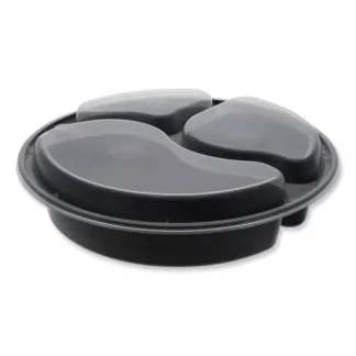 Pactiv Evergreen Newspring VERSAtainer Microwavable Containers, Round, 3 Compartments, 39 oz, Black/Clear, Plastic, 150/Carton