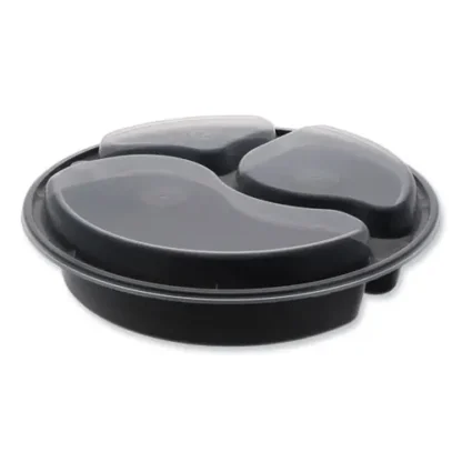 Pactiv Evergreen Newspring VERSAtainer Microwavable Containers, Round, 3 Compartments, 39 oz, Black/Clear, Plastic, 150/Carton