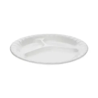 Pactiv Evergreen Placesetter Deluxe Laminated Foam 3-Compartment Plate, 8.88" Diameter, White, 500/Carton