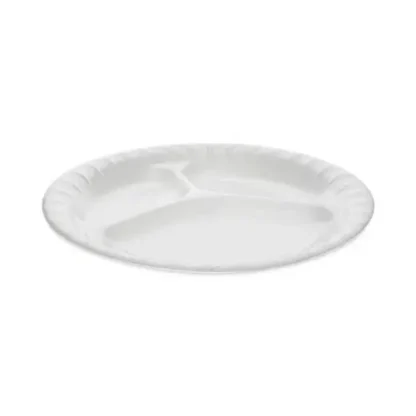 Pactiv Evergreen Placesetter Deluxe Laminated Foam 3-Compartment Plate, 8.88" Diameter, White, 500/Carton
