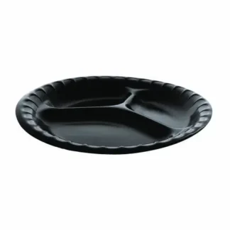 Pactiv Evergreen Placesetter Deluxe Laminated Foam Dinnerware, 3-Compartment Plate, 9" dia, Black, 200/Carton