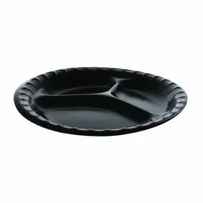 Pactiv Evergreen Placesetter Deluxe Laminated Foam Dinnerware, 3-Compartment Plate, 9" dia, Black, 200/Carton