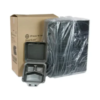 Pactiv Evergreen SmartLock Foam Hinged Lid Container, Large, 3 Compartments, Black, 150/Carton