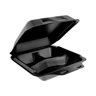 Pactiv Evergreen SmartLock Foam Hinged Lid Container, Medium, 3 Compartments, Black, 150/Carton