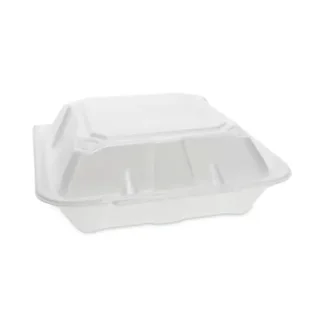 Pactiv Evergreen Vented Foam Hinged Lid Container, 3 Compartments, White, 150/Carton
