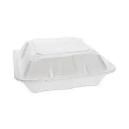 Pactiv Evergreen Vented Foam Hinged Lid Container, 3 Compartments, White, 150/Carton