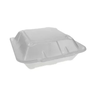Pactiv Evergreen Vented Foam Hinged Lid Container, 3-Compartment, Dual Tab Lock, White, 150/Carton