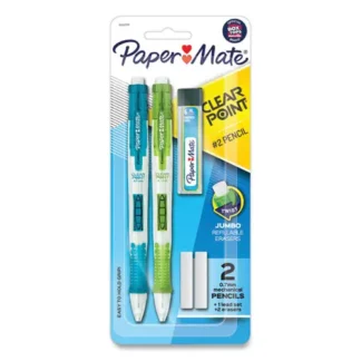 Paper Mate® Clear Point Mechanical Pencils with Tube of Lead/Erasers, 0.7 mm, HB (#2), Black Lead, Randomly Assorted Barrel Colors, 2/PK