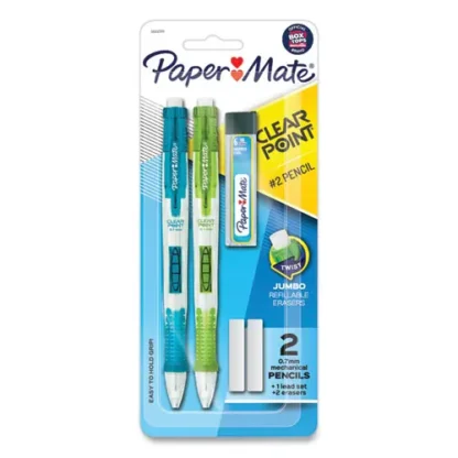 Paper Mate® Clear Point Mechanical Pencils with Tube of Lead/Erasers, 0.7 mm, HB (#2), Black Lead, Randomly Assorted Barrel Colors, 2/PK
