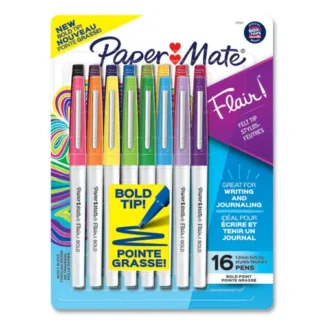 Paper Mate® Flair Felt Tip Porous Point Pen, Bold 1.2 mm, Assorted Ink Colors, White Pearl Barrel, 16/Pack