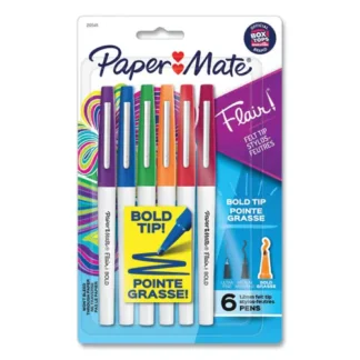 Paper Mate® Flair Felt Tip Porous Point Pen, Bold, 1.2 mm, Assorted Ink Colors, White Pearl Barrel, 6/Pack