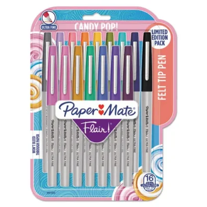 Paper Mate® Flair Felt Tip Porous Point Pen, Extra-Fine 0.4 mm, Assorted Ink Colors, Gray Barrel, 16/Pack