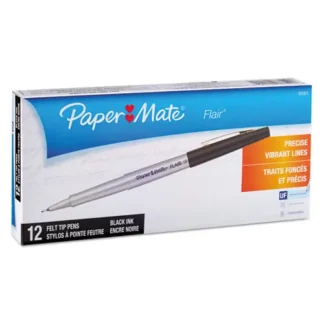 Paper Mate® Flair Felt Tip Porous Point Pen, Ultra-Fine 0.4 mm, Black Ink, Gray/Black Barrel, Dozen