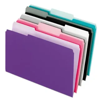 Pendaflex® Interior File Folders, 1/3-Cut Tabs, Letter Size, Assorted Colors (Aqua/Black/Gray/Pink/Violet), 100/Box