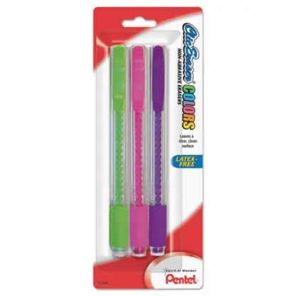 Pentel® Clic Eraser COLORS, White Eraser, Assorted Barrel Colors, 3/Pack