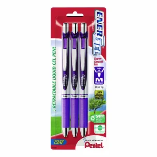 Pentel® EnerGel RTX Deluxe Gel Pen, Retractable, Medium 0.7 mm, Purple Ink, Purple/Silver Barrel, 3/Pack