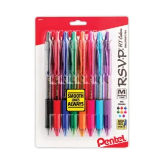Pentel® R.S.V.P. RT Ballpoint Pen, Retractable, Medium 1 mm, Assorted Ink Colors, Clear Barrel, 8/Pack