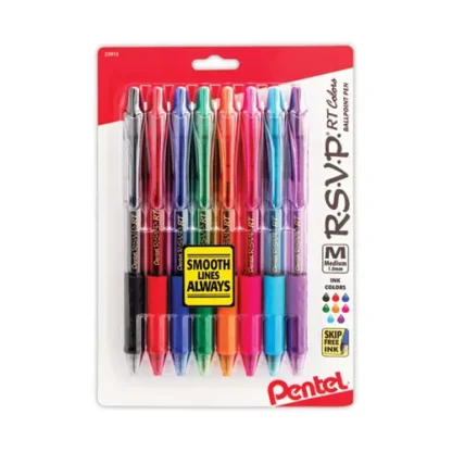 Pentel® R.S.V.P. RT Ballpoint Pen, Retractable, Medium 1 mm, Assorted Ink Colors, Clear Barrel, 8/Pack