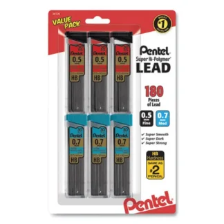 Pentel® Super Hi-Polymer Lead Refill Value Pack, HB, Black, 0.5 mm & 0.7 mm, 30 Leads per Tube, 6 Tubes per Pack