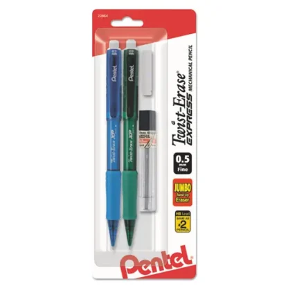 Pentel® Twist-Erase EXPRESS Mechanical Pencils with Tube of Leads/Eraser, 0.5 mm, HB (#2), Black Lead, (2) Assorted Barrel Colors