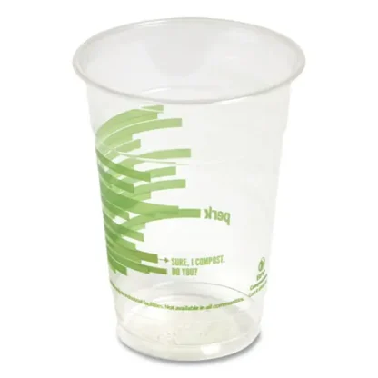 Perk™ Eco-ID Compostable PLA Corn Plastic Cold Cups, 16 oz, Clear/Green, 50/Pack, 6 Packs/Carton