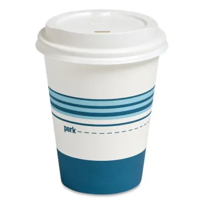 Perk™ Paper Hot Cup and Plastic Dome Lid Combo, 12 oz, White/Blue, 50/Pack