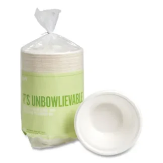 Perk™ PFAS-Free Compostable Bagasse Bowls, 12 oz, White, 125/Pack