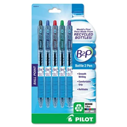 Pilot® B2P Bottle-2-Pen Recycled Ballpoint Pen, Retractable, Medium, 1 mm, Assorted Ink Colors, Translucent Blue Barrel, 5/Pack