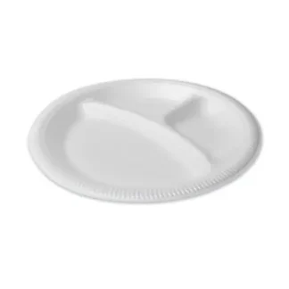 Plastifar Foam Dinnerware, 3-Compartment Plate, 9" dia, White, 125/Sleeve, 4 Sleeves/Pack