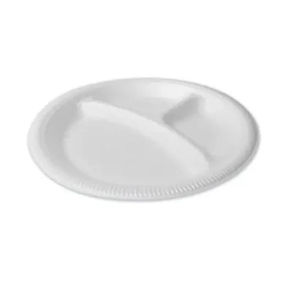 Plastifar Foam Dinnerware, 3-Compartment Plate, 9" dia, White, 125/Sleeve, 4 Sleeves/Pack