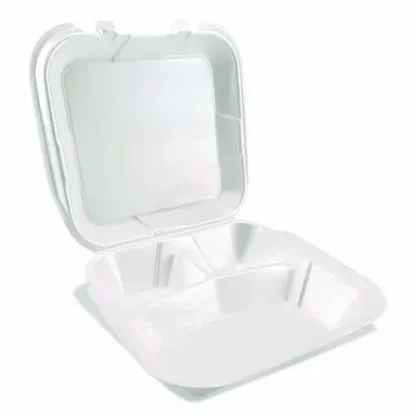 Plastifar Foam Hinged Lid Containers, 3-Compartment, White, Foam, 9" x 10" x 3", 200/Carton