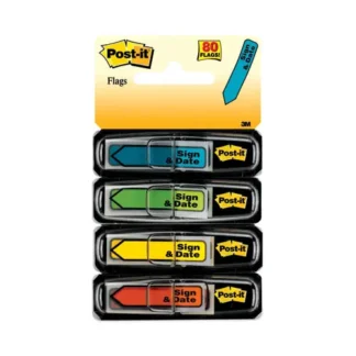 Post-it® Flags Arrow Message 0.5" Page Flags, Sign and Date, 4 Primary Colors, 20 Flags/Dispenser, 4 Dispensers/Pack