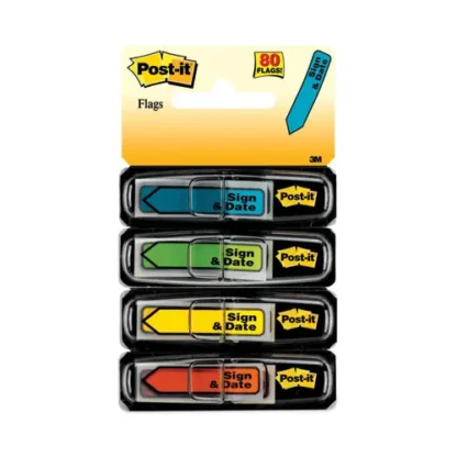 Post-it® Flags Arrow Message 0.5" Page Flags, Sign and Date, 4 Primary Colors, 20 Flags/Dispenser, 4 Dispensers/Pack
