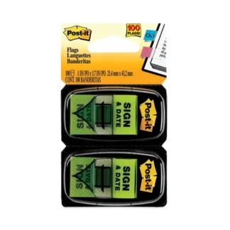 Post-it® Flags Arrow Message 1" Page Flags, "Sign and Date", Green, 50 Flags/Dispenser, 2 Dispensers/Pack
