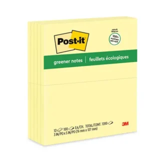 Post-it® Greener Notes Original Recycled Note Pads, 3" x 5", Canary Yellow, 100 Sheets per Pad, 12 Pads per Pack