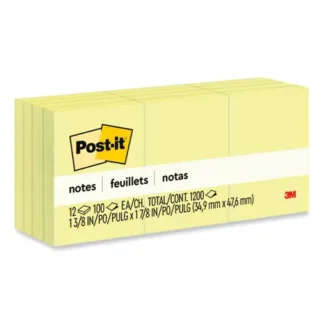 Post-it® Notes Original Pads, Canary Yellow, 1.38" x 1.88", 100 Sheets/Pad, 12 Pads/Pack