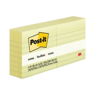 Post-it® Notes Original Pads, Note Ruled, 3" x 3", 100 Sheets per Pad, 6 Pads Pack, Canary Yellow