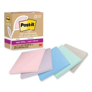 Post-it® Notes Super Sticky 100% Recycled Paper, 3" x 3", Wanderlust Pastels, 70 Sheets per Pad, 5 Pads per Pack
