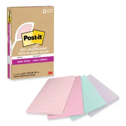 Post-it® Notes Super Sticky 100% Recycled Paper, Ruled, 4" x 6", Wanderlust Pastels, 4 Pads/Pack