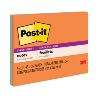 Post-it® Notes Super Sticky Meeting Notes, Energy Boost Collection, 8" x 6", 4 Pads/Pack