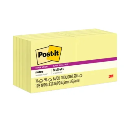 Post-it® Notes Super Sticky Pads, Canary Yellow, 1.88" x 1.88", 90 Sheets per Pad, 10 Pads per Pack