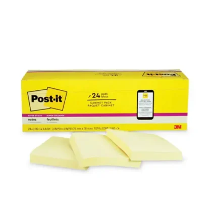 Post-it® Notes Super Sticky Pads, Canary Yellow, 3" x 3", 90 Sheets/Pad, 24 Pads/Pack