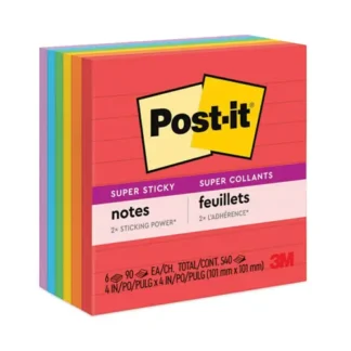 Post-it® Notes Super Sticky Pads, Playful Primary Collection, 4" x 4", Note Ruled, 90 Sheets/Pad, 6 Pads/Pack