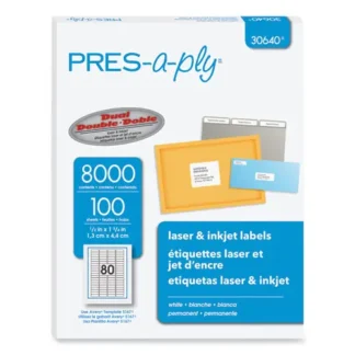 PRES-a-ply® Labels, Inkjet/Laser Printers, 0.5 x 1.75, White, 80/Sheet, 100 Sheets/Pack
